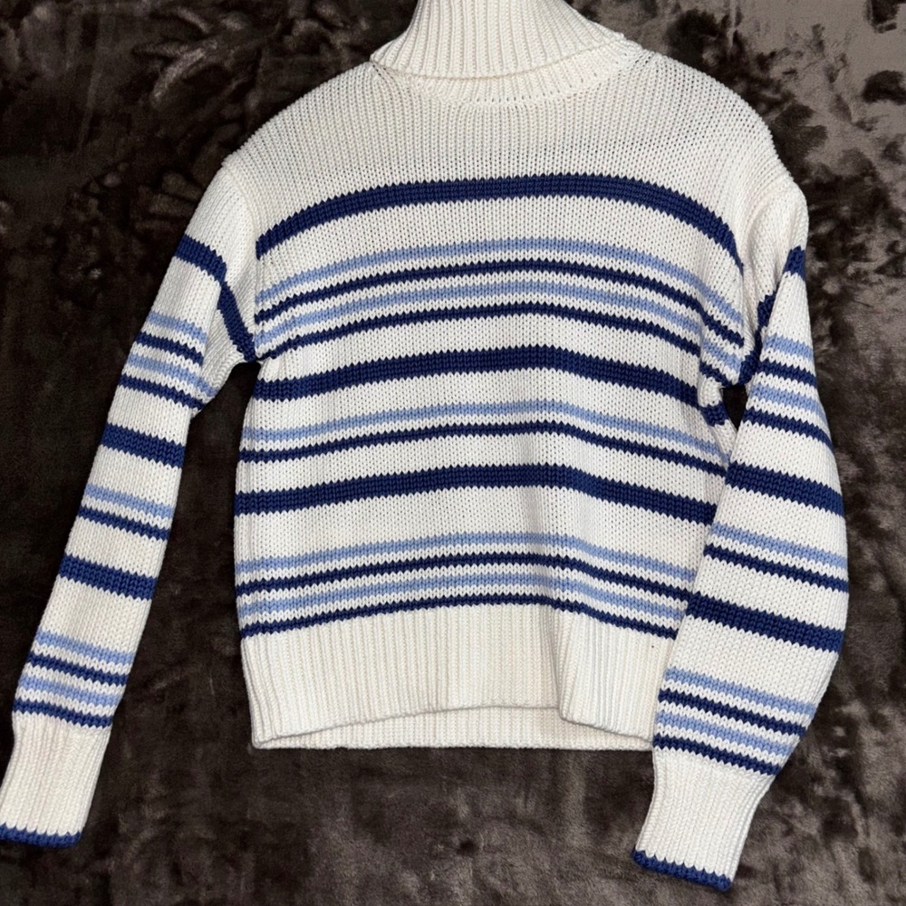 Madewell Pullover Sweater Womens XXS Oversized Cream Blue Stripe Knit Turtleneck